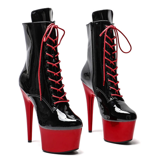 Leecabe Shinny Black Upper with RED Platform 17CM/7inches Pole dancing High Heel platform Pole Dance Boots