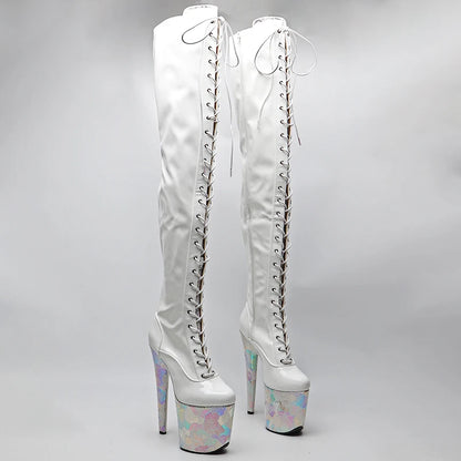 Leecabe 20CM/8 pouces Tige en PU verni brillant avec plateforme à talons hauts en PU serpent Bottes de pole dance