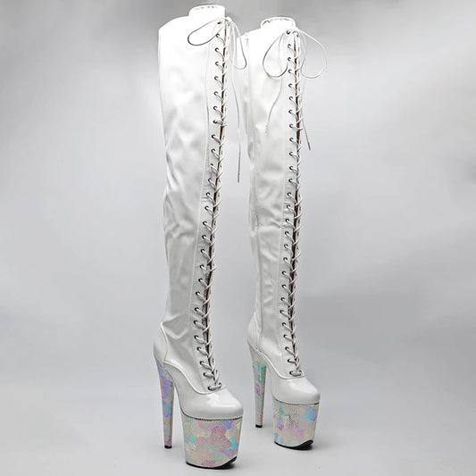 Leecabe 20CM/8 pouces Tige en PU verni brillant avec plateforme à talons hauts en PU serpent Bottes de pole dance