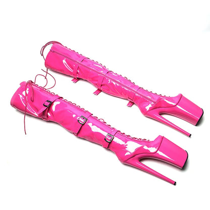 Leecabe 23CM/9 pouces brillant PU verni petit bout ouvert mode dame talon haut plate-forme Pole Dance bottes