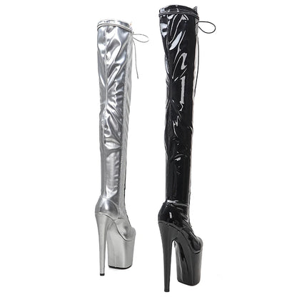 Leecabe 20CM/8Inch PU Tige noire avec argent Exotique Sexy Mode Tendance Plateforme disco fête Talons Hauts Chaussures Pole Dance botte