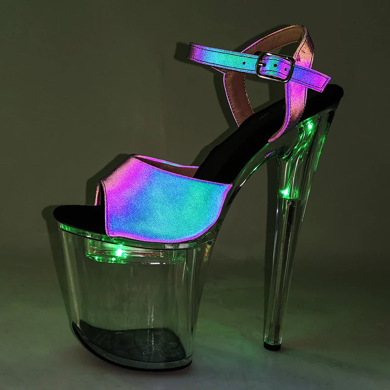 Leecabe 8 Zoll/20 cm holographische PU Obermaterial LED Leuchtende Schuhe für Damen Glühende Plattform Party High Heels Pole Dance Schuhe