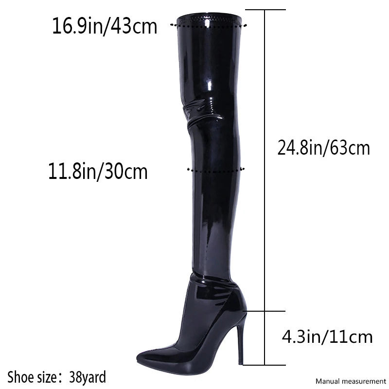 Bottes au-dessus du genou pour femmes noires mates, talons hauts sexy, chaussures élastiques en cuir pour femmes, fermeture éclair latérale, bottes longues à rayures hautes