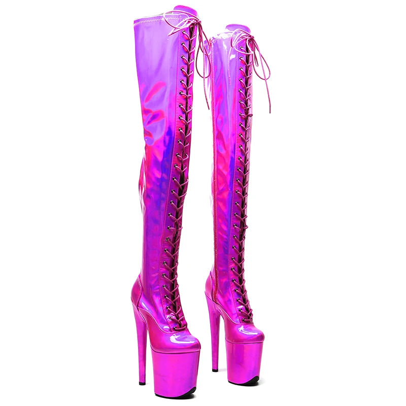 Leecabe 20CM/8inches holography Shiny  PU Upper Fashion trend  shoes High Heel platform Boots  Pole Dance boots