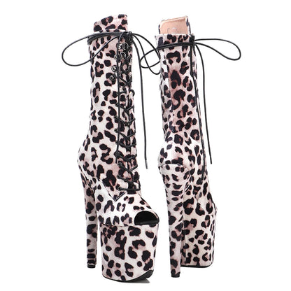 Leecabe 20CM/8Inch lady  Leopard  PU  upper  High Heels Pole Dance boot