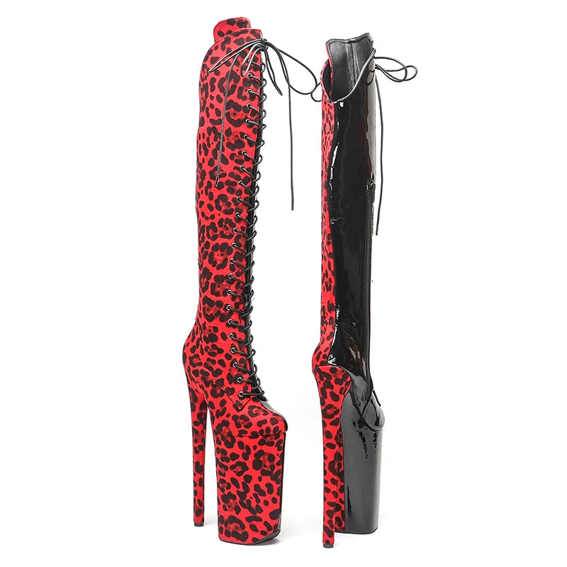 Leecabe 26CM/10 pouces couleur rouge léopard avec couleur noire vernie sexy exotique talon haut plate-forme chaussures de fête Pole Dance boot