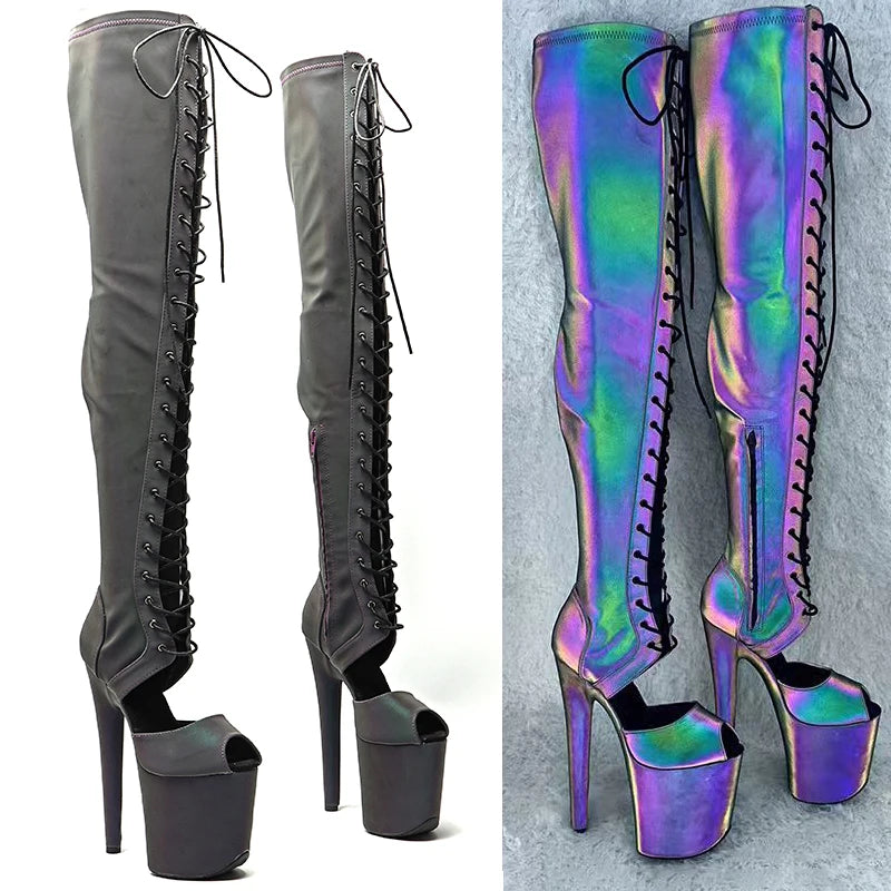 Leecabe 20CM/8 pouces Matériau réfléchissant Tige en PU Talon haut Plateforme Bottes Pole Dance Bottes