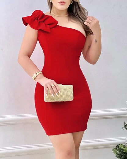 Sommermode Rot Applikationen Frauen Mini Party Kleid Bodycon Elegante Rüschen Sexy Eine Schulter Geburtstag Abend Club Outfits