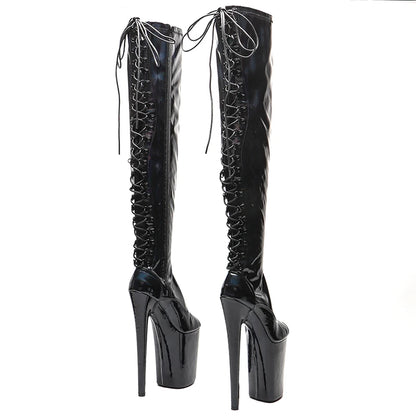 Leecabe   23CM/9inches Shiny  PU Open Toe   fashion  lady  High Heel platform  Pole Dance boots