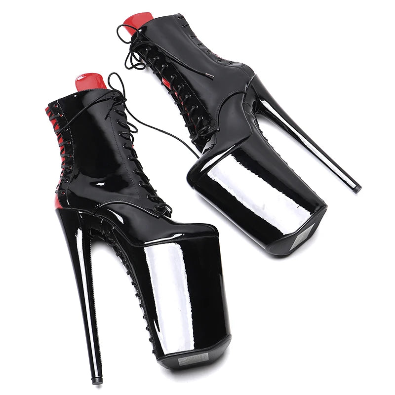 Leecabe 26CM/10 pouces Tige en cuir verni Noir avec des chaussures de soirée à talons hauts exotiques sexy rouges Botte de pole dance