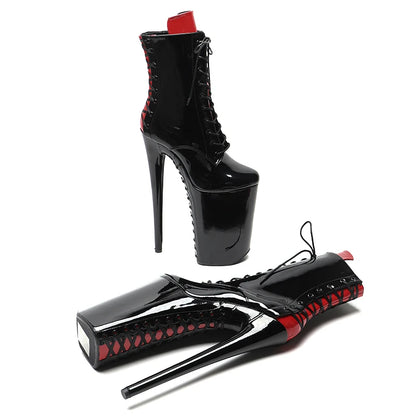 Leecabe 26CM/10 pouces Tige en cuir verni Noir avec des chaussures de soirée à talons hauts exotiques sexy rouges Botte de pole dance