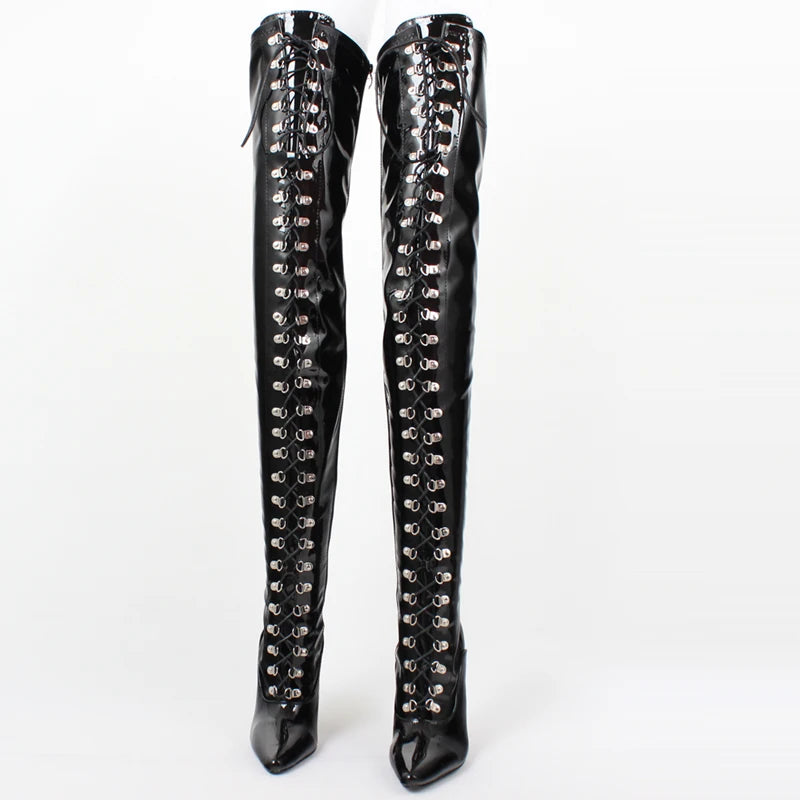 Bottes hautes fétichistes pour femmes CACA, talons hauts de 12 cm, bottes longues sexy au-dessus du genou, chaussures de cosplay BDSM, lacets avant, personnalisées, livraison directe