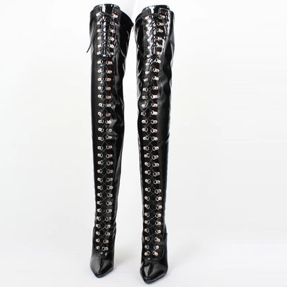 Bottes hautes fétichistes pour femmes CACA, talons hauts de 12 cm, bottes longues sexy au-dessus du genou, chaussures de cosplay BDSM, lacets avant, personnalisées, livraison directe