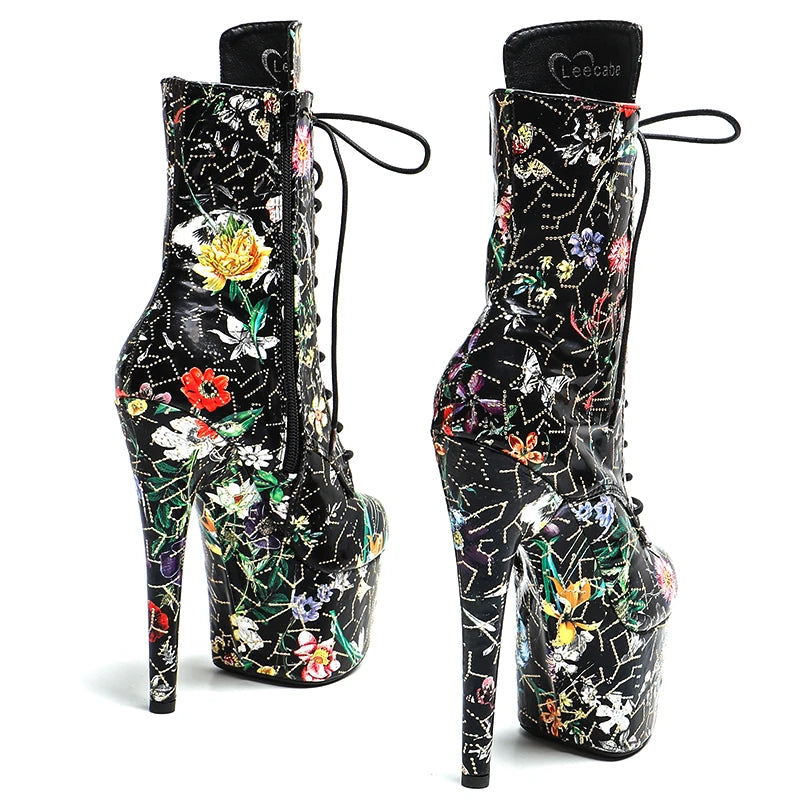 Leecabe 17CM/7 pouces PU Tige Fleur Motif Talon Haut Plateforme Bottes Bout Fermé Pole Dance Bottes