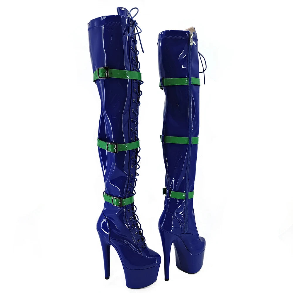 Leecabe Blue PU 17CM/7inches Pole dancing shoes High Heel platform Pole Dance boot