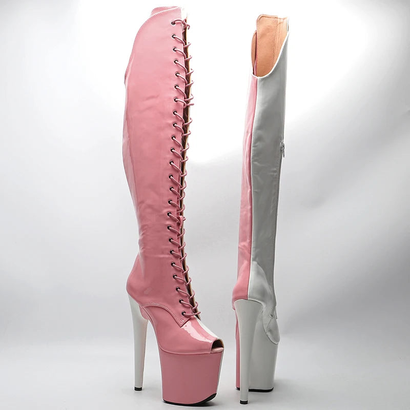 Leecabe 20CM/8inches Patent upper pink with white color High Heel platform  Open  toe Pole Dance boots