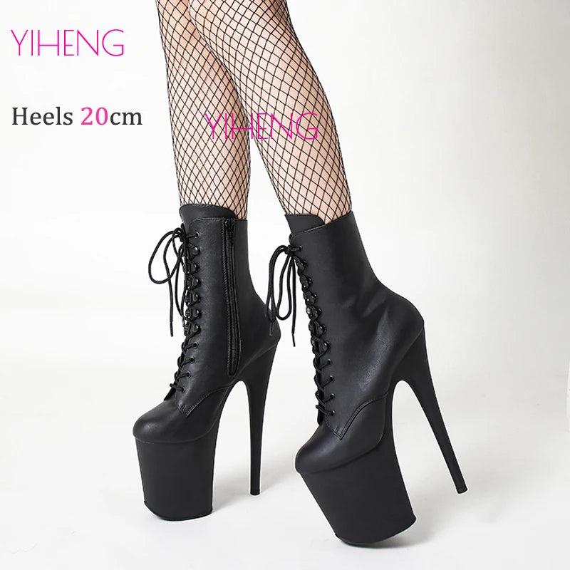 Ultra High Heels 20CM Round Toe Nightclub Catwalk Platform Boots Pole Dance Stripper Party Shoes Sexy Black Women Ankle Boots