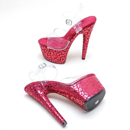 Leecabe 17CM/7inch  PVC upper high heel red Leopard suede platform sexy lady pole dancing sandals ladies shoes