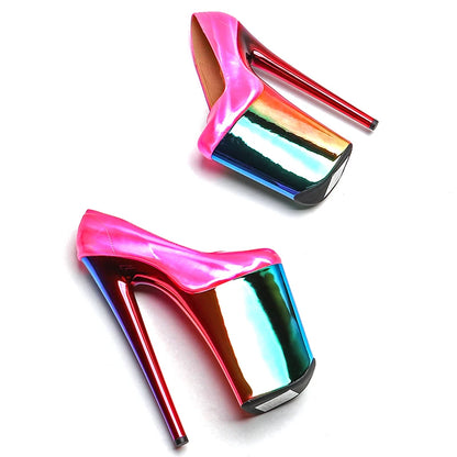 Leecabe 23CM/9inches  shiny patent PU upper fashion trend exotic  colorful electroplate Platform High Heels  Pole Dance shoes