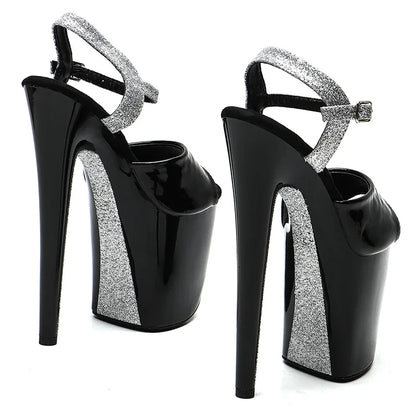 Leecabe 20cm/ 8inches Patent PU  Upper  black-silver glitter  platform  high heel  open toe sandals  pole dance shoes