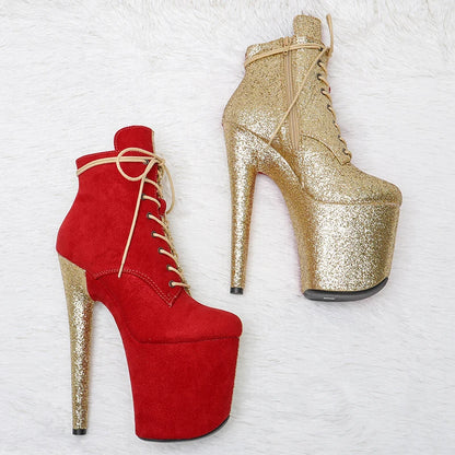 Leecabe  20CM/8inches Two color Mix Red with gold glitter color Pole dancing shoes High Heel closed toe Pole Dance boots