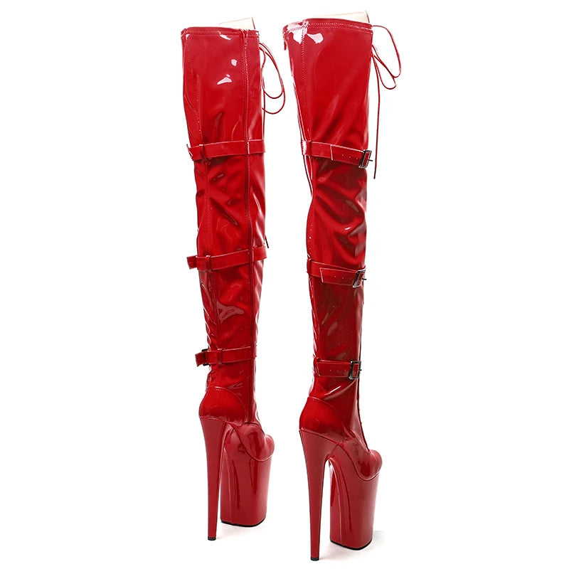 Leecabe 23CM/9 pouces Tige en PU verni brillant Bottes sexy Tendance de la mode Talons hauts Plateforme Pole Dance Chaussures