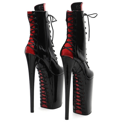 Leecabe 26CM/10 pouces Tige en cuir verni Noir avec des chaussures de soirée à talons hauts exotiques sexy rouges Botte de pole dance