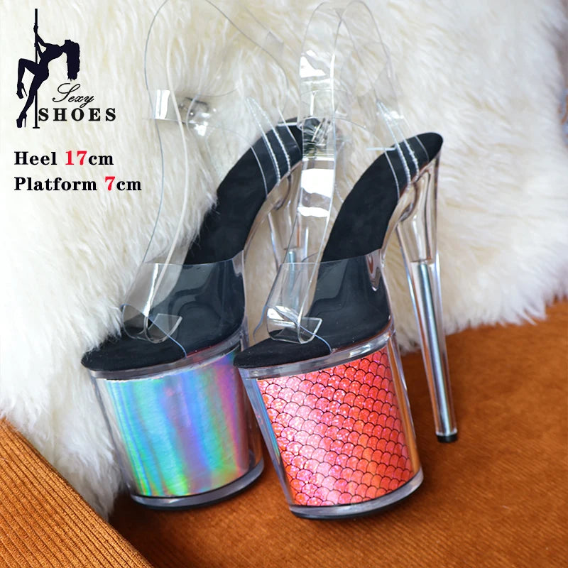 Sandales à talons hauts pour femmes de 17 cm/7 pouces de haute qualité, chaussures à plateforme transparente à paillettes, chaussures de pole dance, mariage