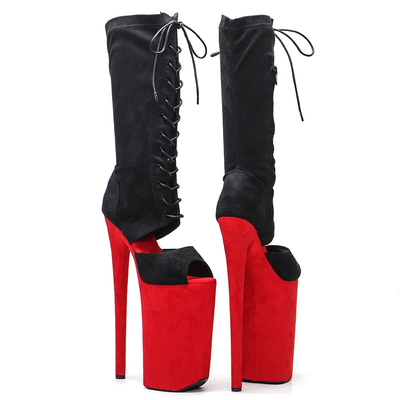 Leecabe 26CM/10 pouces noir avec tige en daim rouge sexy exotique talon haut plate-forme fête bout ouvert chaussures Pole Dance boot