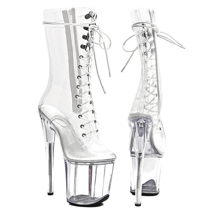 Leecabe 20CM/8 pouces Transparent PVC Tige Tendance Mode Talon Haut Plateforme Bottes Bout Fermé Talon Stripper Bottines Pole Dance