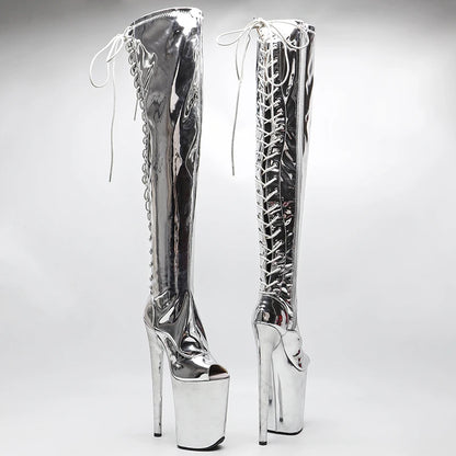 Leecabe   23CM/9inches Shiny   PU   Open Toe fashion  lady  High Heel platform  Pole Dance boots