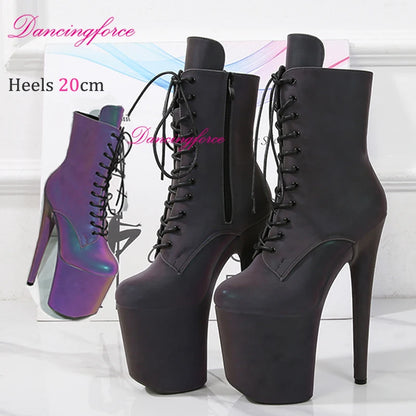 20CM/8 Zoll Leuchtende PU Exotische Pole Dance Stiefel Nachtlicht Holografische Reflektierende Stripper Plattform Party High Heels Schuhe