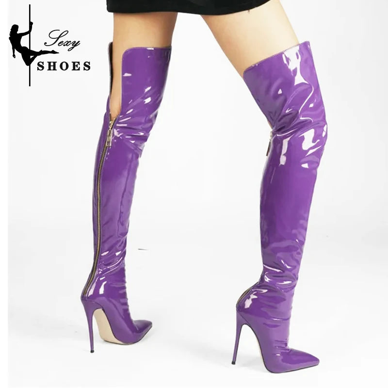 Bottes au-dessus du genou pour femmes en cuir verni à bout pointu avec fermeture éclair et couture, bottes longues pour dames, chaussures à talons hauts sexy Sapatos Femininos