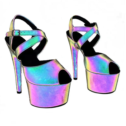 Leecabe 17CM/7 pouces Veilleuse holographique PU Sandales Pole Dancing Chaussures Talons Hauts Chaussures De Danse De Discothèque