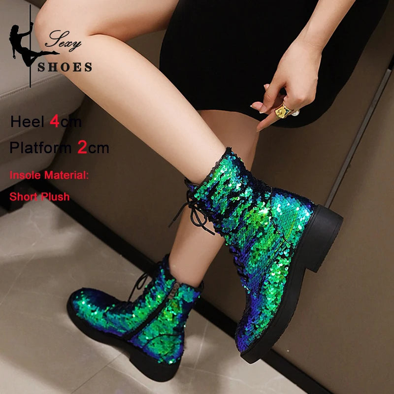 Short Plush Autumn Winter Women Ankle Boots Low Heel Round Toe Zipper Short Boots Discoloration Sequined Cloth Multi-Color Shoes