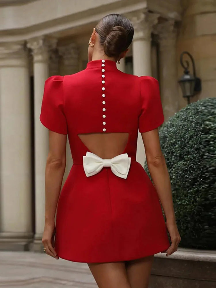 Elegant Bow Hallow Out Mini Dress Women Red O-neck Short Sleeve High Waist A-line Dresses Female 2024 Fashion Party Evening Robe