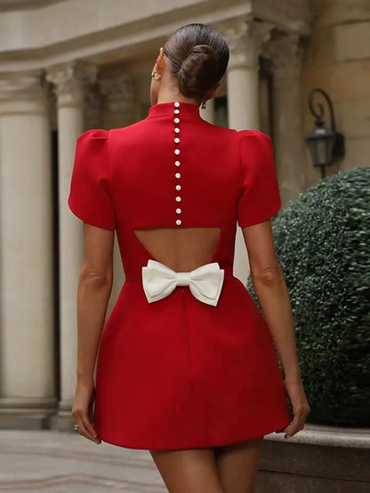 Elegant Bow Hallow Out Mini Dress Women Red O-neck Short Sleeve High Waist A-line Dresses Female 2024 Fashion Party Evening Robe