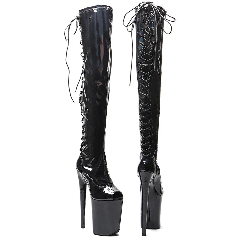 Leecabe   23CM/9inches Shiny  PU Open Toe   fashion  lady  High Heel platform  Pole Dance boots