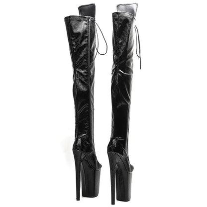 Leecabe 23CM/9 Zoll Schlangenleder PU Obermaterial offene Spitze Modetrend Plateau High Heel Stripperabsatz Pole Dance Stiefel