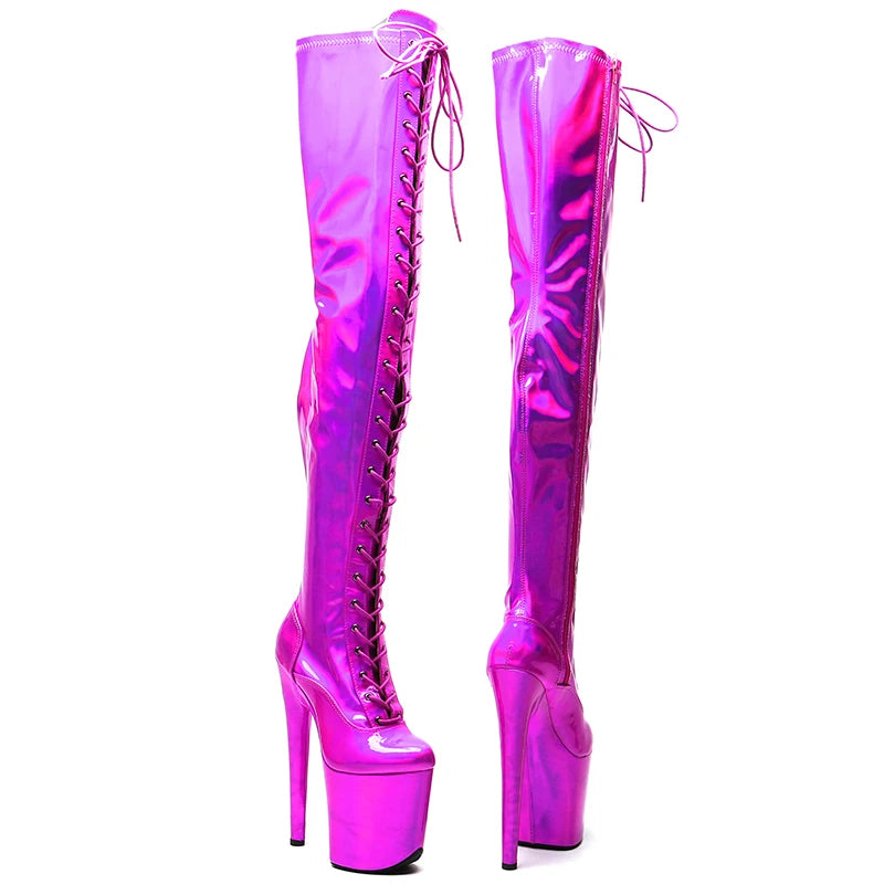 Leecabe 20CM/8inches holography Shiny  PU Upper Fashion trend  shoes High Heel platform Boots  Pole Dance boots