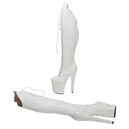 Leecabe Chaussures à talons hauts en PU blanc de 20 cm/8 pouces pour femme, chaussures de soirée disco, bottes de pole dance