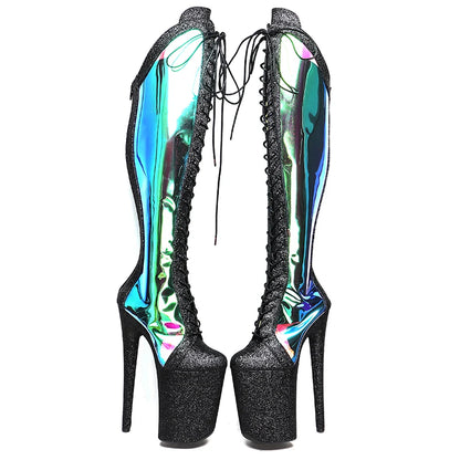 Leecabe 23CM/9inches glitter PU with holographic  upper Sexy boots   High Heels Platform Pole Dance shoes