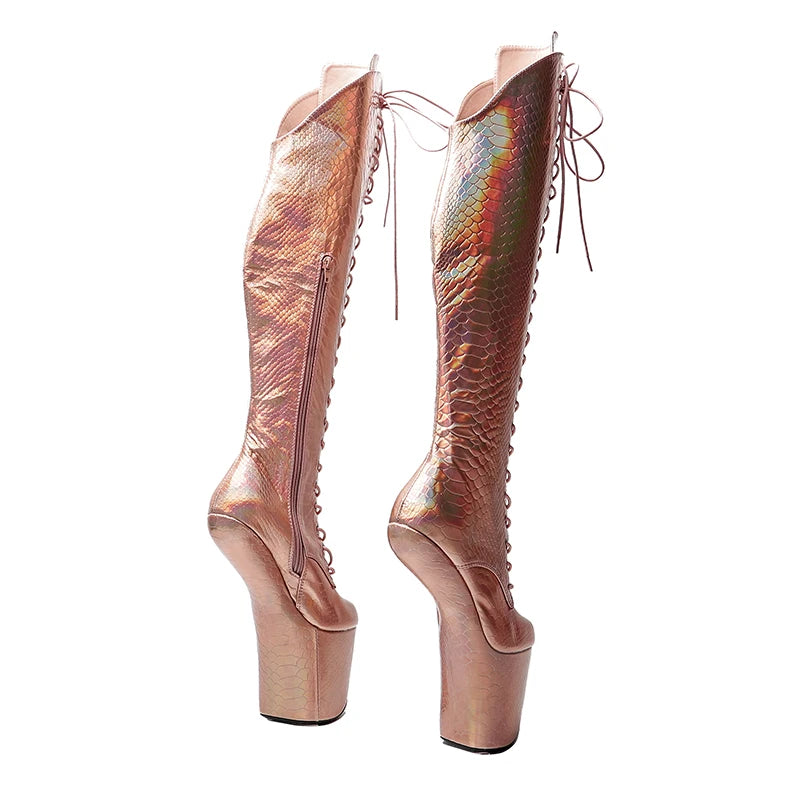 Leecabe Shiny Snake Upper sexy exotique jeune tendance mode bottes talon haut plate-forme talon sans talon Pole Dance boot