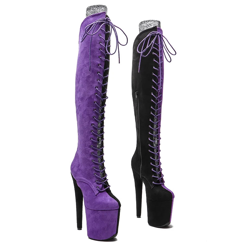 Leecabe 20CM/8 pouces Tige en daim noir avec des chaussures de pole dance violettes Bottes à talons hauts Bottes de pole dance