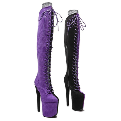 Leecabe 20CM/8 pouces Tige en daim noir avec des chaussures de pole dance violettes Bottes à talons hauts Bottes de pole dance