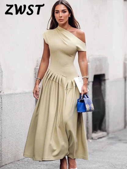 Elegant Off Shoulder Dress For Women Summer Short Sleeve Fold Long Dresses Female 2024 Fashion Solid Holiday Lady Vestidos