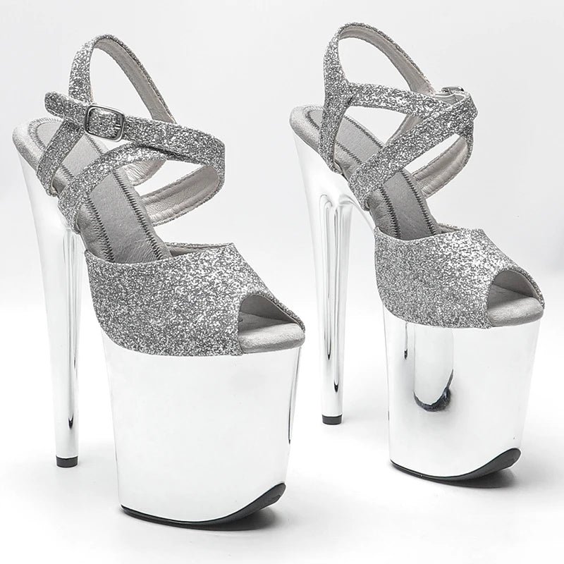 Leecabe  8Inch/20cm   Glitter  upper  electroplate  Silver Platform  High Heels party Sandals  Pole Dance Shoes