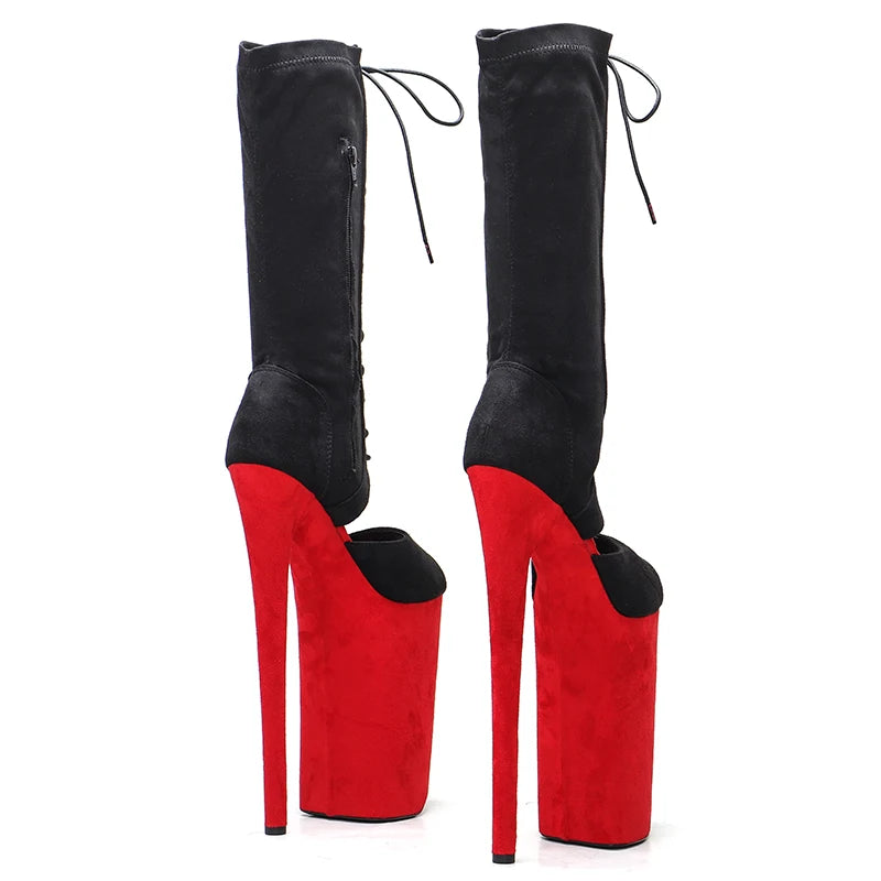 Leecabe 26CM/10 pouces noir avec tige en daim rouge sexy exotique talon haut plate-forme fête bout ouvert chaussures Pole Dance boot