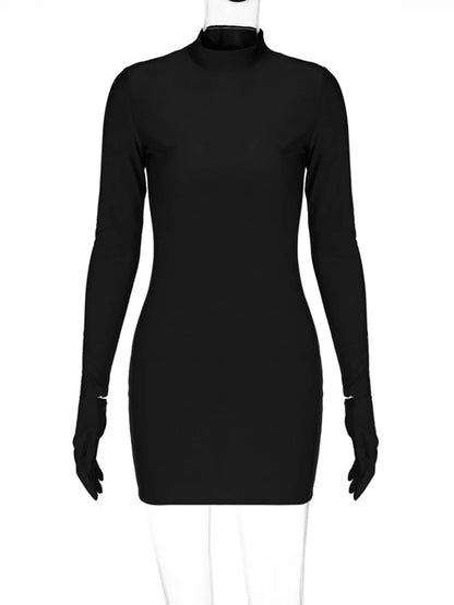 Robe courte moulante à manches longues et gants, couleur unie, tenue de soirée sexy, col roulé, vêtements Y2K, vente en gros