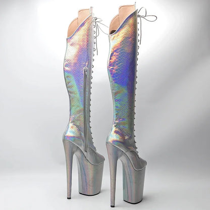 Leecabe 23CM/9 pouces brillant serpent PU bout ouvert mode dame talon haut plate-forme Pole Dance bottes